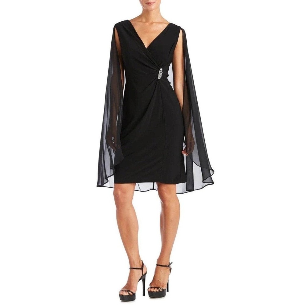 R&M Richards Navy‎ Blue Chiffon Cape Ruched Embellished Dress Plus Size 18W NWT